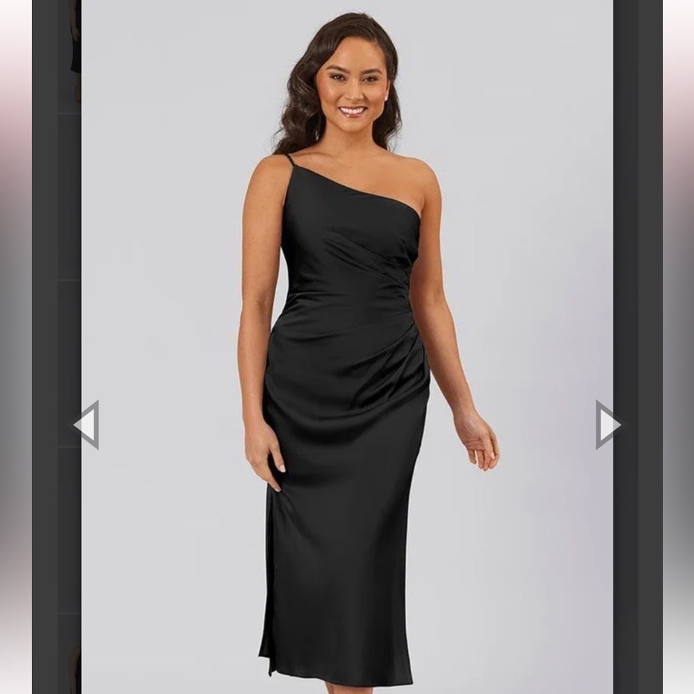 Kennedy blue Lexi midi, black satin one shoulder dress size 4 style #28432. - Picture 3 of 12